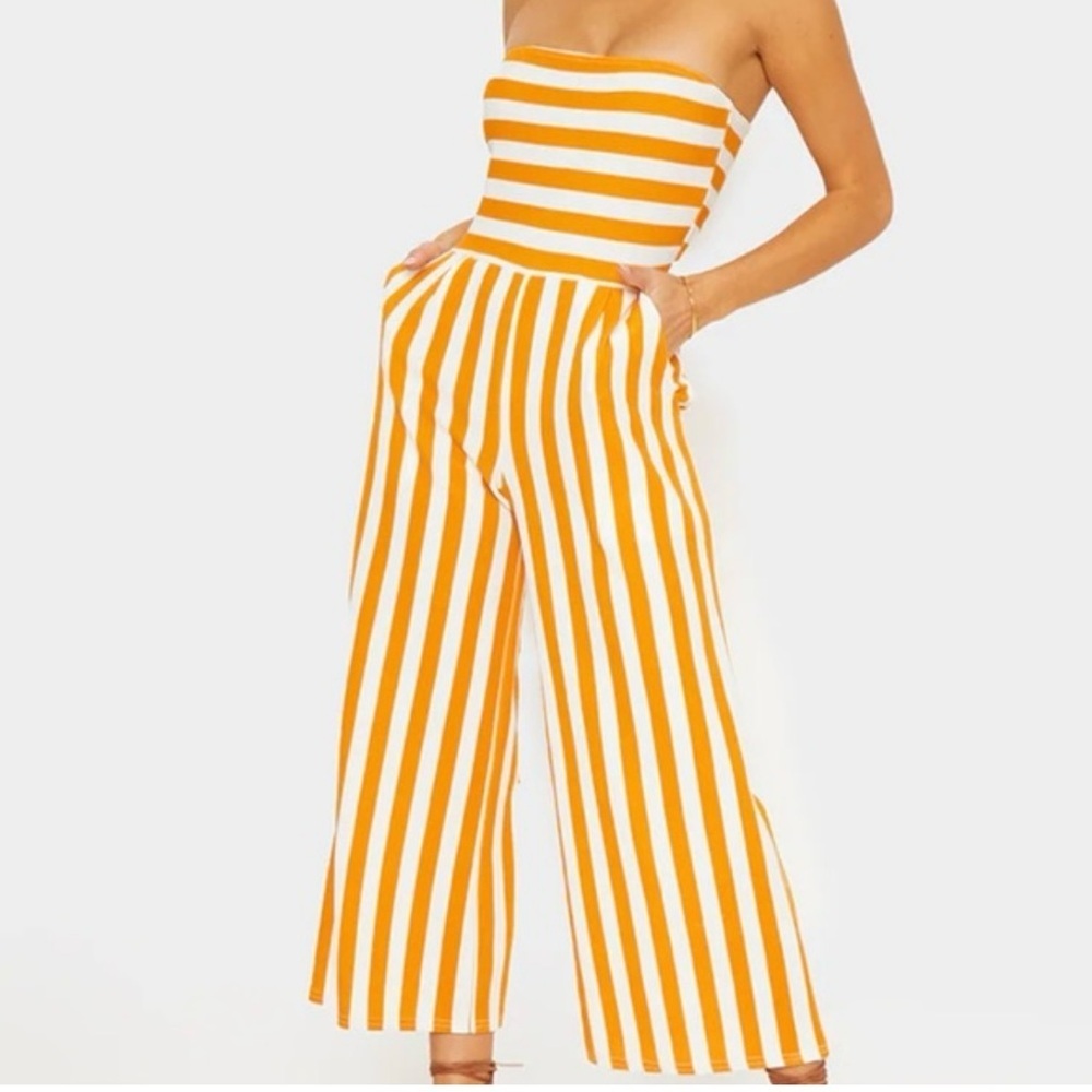 PrettyLittleThing‎ Orange and White Striped Jumpsuit size 2 strapless